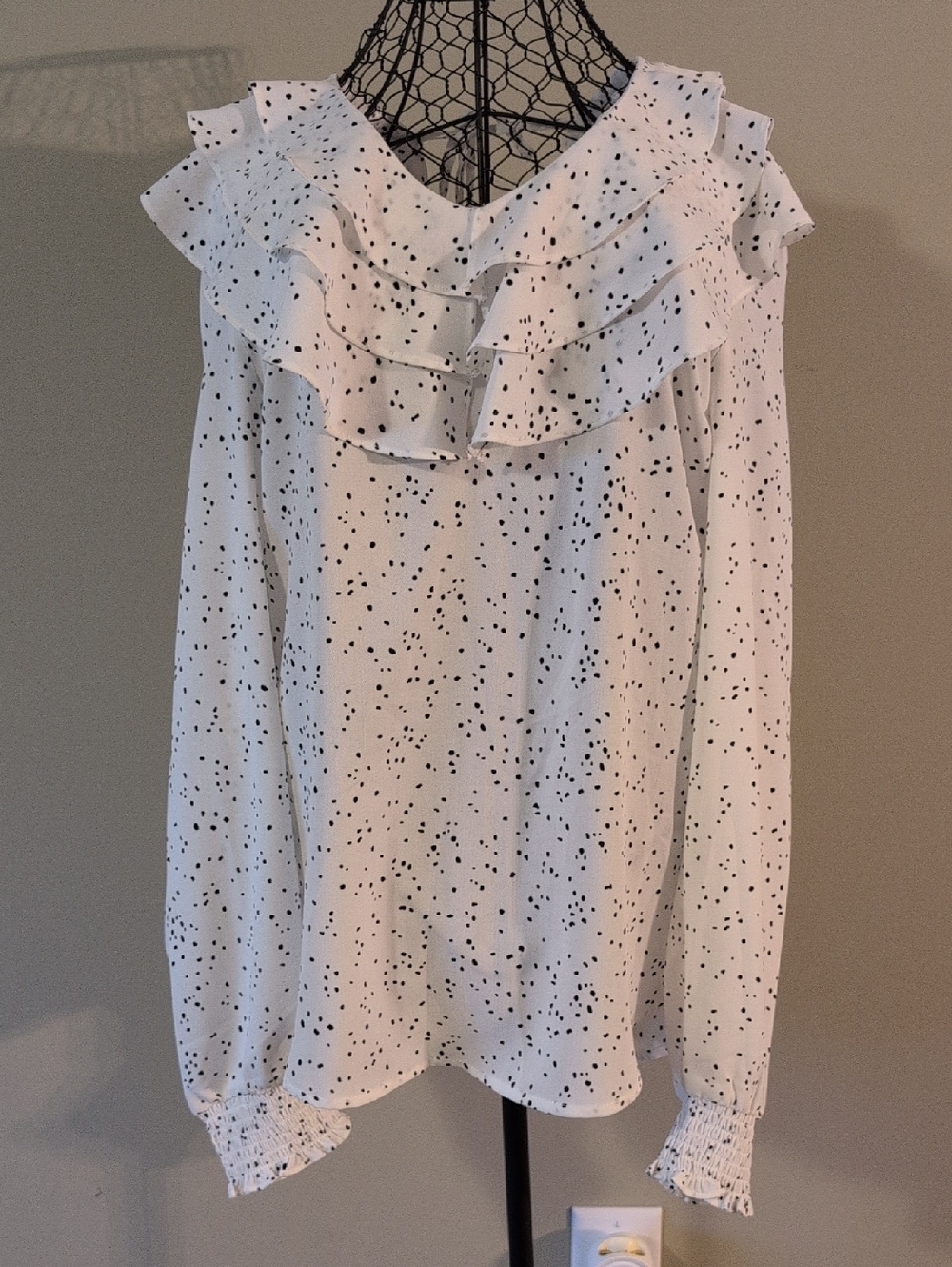 Ruffle-Neck White Blouse with Black Dot Print